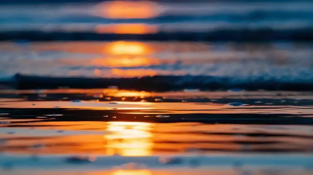 Shifting sun reflection stretching and narrowing on wet sand, as thin seawater sheets advancing