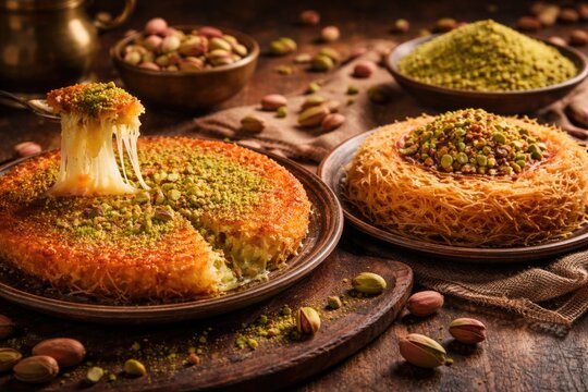 Delicious Arabic kunefe and kadayif sweets featuring pistachios with copyspace for text
