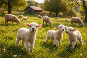 Fototapeta premium Cheerful lambs and sheep enjoying a green farm lawn in summer