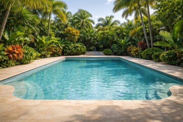 Fototapeta premium Empty saltwater pool area with tropical plants and ample space for overlay text
