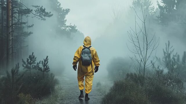 Person in yellow hazmat suit walking in a foggy forest