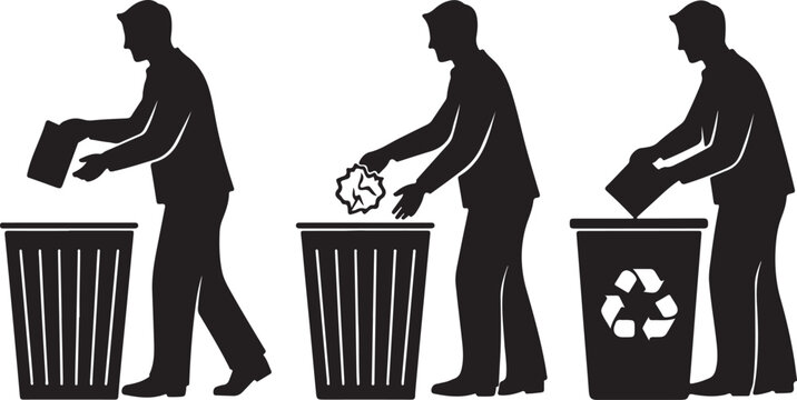 Three black silhouette figures of a man discarding different types of waste into bins, illustrating recycling, waste management, and environmental responsibility.