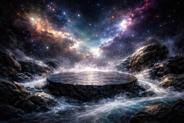 Fototapeta premium Cosmic background podium with a mix of rocks, stones, and gentle foam details