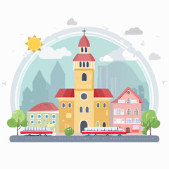 Fototapeta premium Flat illustration of a European city street with a church and trams