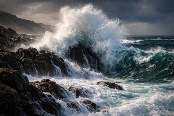 Fototapeta premium Fierce ocean swell collides with rough rocky shore producing dynamic spray