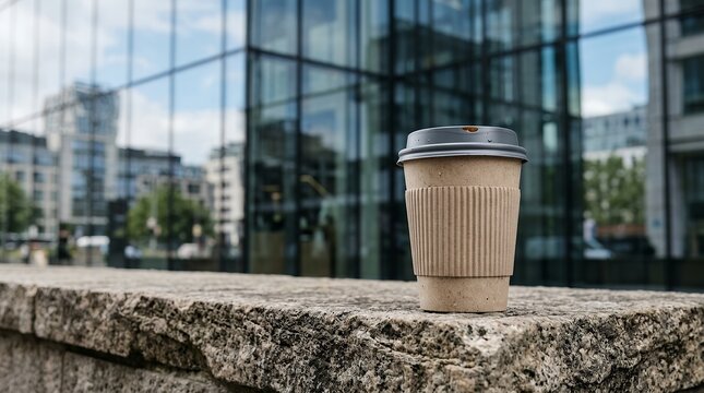 Disposable paper coffee cup on stone ledge, takeaway hot drink in urban business district, brown cardboard coffee sleeve with modern glass office building isolated on Transparent Background