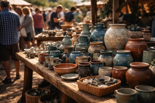 Lively artisan pottery collection displayed on natural wooden tables in outdoor market scene with softly blurred shoppers