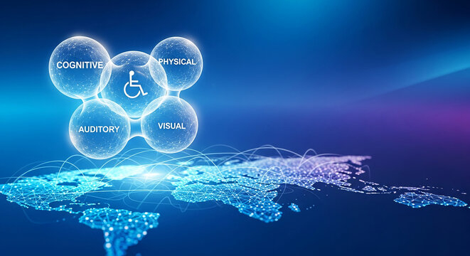 Abstract network globe with interconnected bubbles representing cognitive, auditory, visual, and physical diversity, symbolizing global connection and accessibility.
