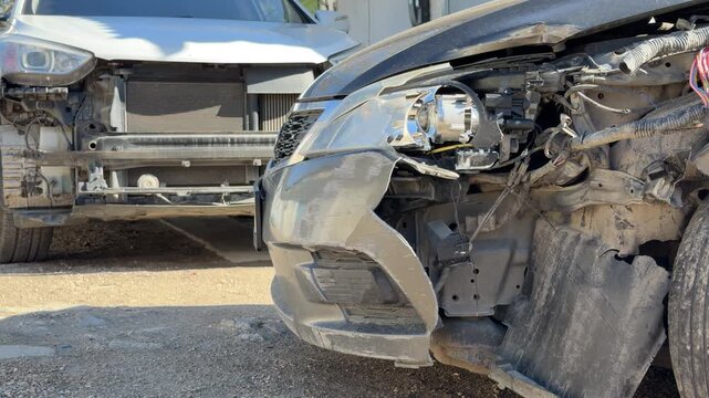 A smashed black car sits abandoned with a shattered headlight and torn bumper. The exposed mechanical parts create a feeling of sadness and ruin in the harsh daylight of a repair lot.