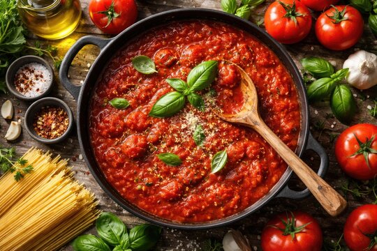 Fresh garden tomato sauce for Italian pasta seen top down