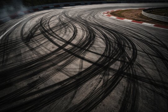High angle photo of automotive tire skids showing dynamic drift patterns on a professional raceway