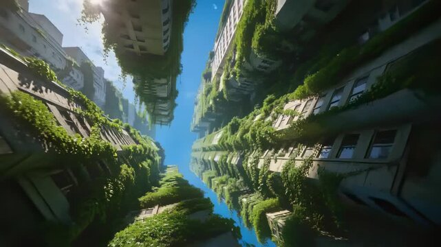 Starting low, camera moving upward between overgrown towers in narrow sky gap, showing plants