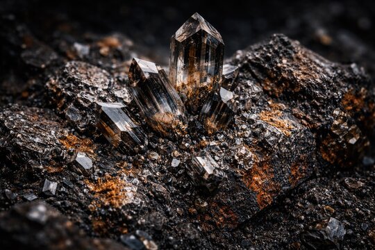 Iron manganese tungsten ore featuring monoclinic crystals on a shadowed surface texture