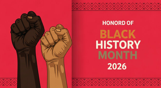 Two fists, one dark and one light, raised against a red background with cultural patterns, symbolizing unity and celebration of Black History Month.