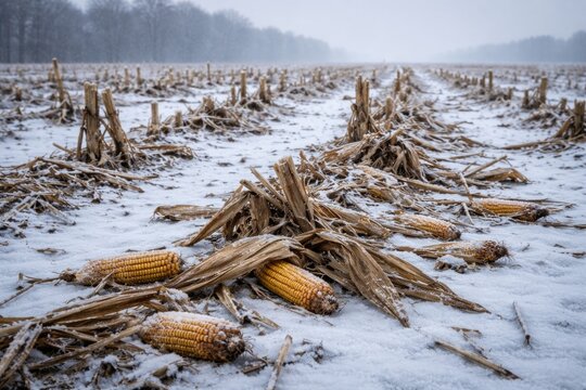 Corn remnants scattered across snowy farmland in the depths of winter