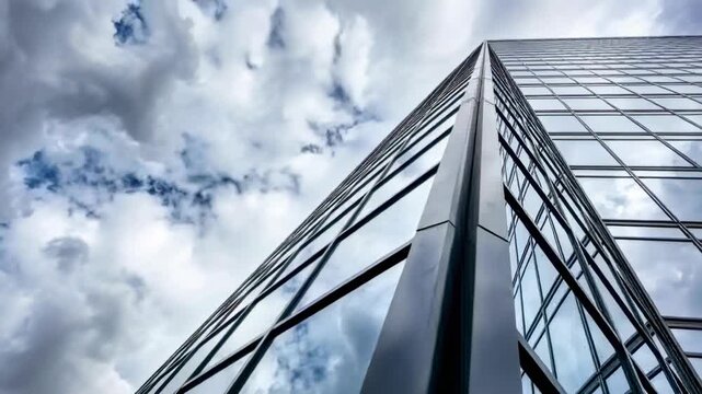 Drifting clouds causing panes and column on glass corner filmed from street, shifting reflections
