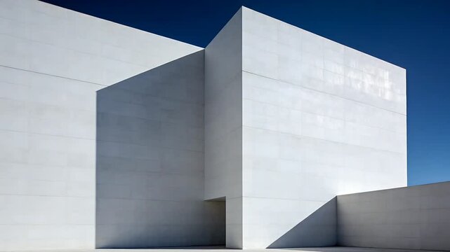 Showing white cubic building under sunlight, casting diagonal shadow on plaza and revealing portal