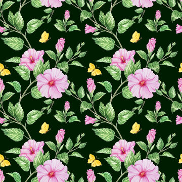 Pink hibiscus flowers and green leaves with butterfly in beautiful watercolor seamless pattern.