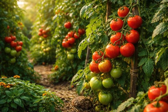 Healthy outdoor garden with indeterminate tomato vines bearing ripe fruit