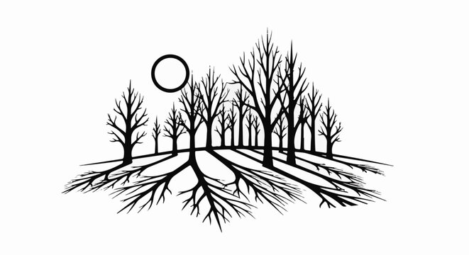 Stylized bare trees with prominent roots and a ringed sun