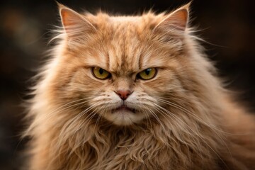 Fototapeta premium Close up front photograph of a long haired tan cat looking angry with blurred background