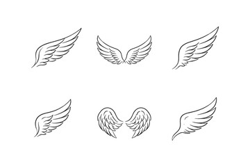 Fototapeta premium Collection of six different hand-drawn wing illustrations in black and white