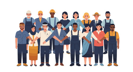 Celebrating International Workers' Day, a diverse group of laborers stands together holding hands in unity, rendered in a flat vector illustration style against a clean white background © Anggita