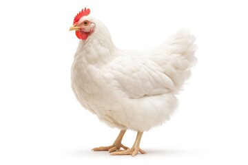 Fototapeta premium A white domestic chicken alone on a bright white studio backdrop