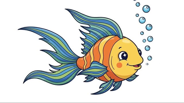 Cute cartoon fish illustration underwater ocean vector art showing aquatic marine life, goldfish and tropical fish swimming in aquarium nature drawing design