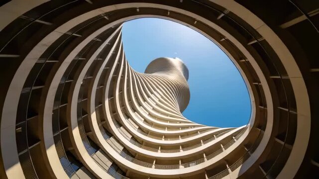 Tilting camera revealing spiraling tower rising inside circular atrium to frame summit, balconies