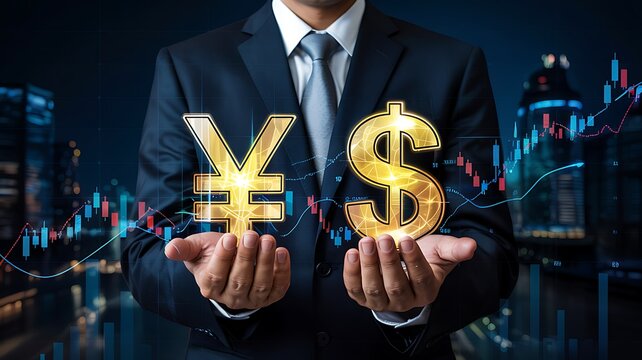 Futuristic forex trading concept with glowing yen and dollar currency symbols over stock market chart background