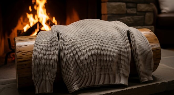 A plain sweater resting on a polished log next to a crackling fireplace. The scene is warm and inviting, with flickering firelight