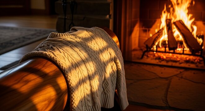 A plain sweater resting on a polished log next to a crackling fireplace. The scene is warm and inviting, with flickering firelight