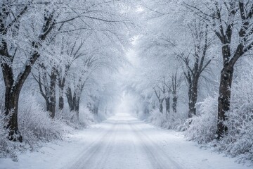 Obraz premium A serene snowy lane edged with frost coated trees on a cold day
