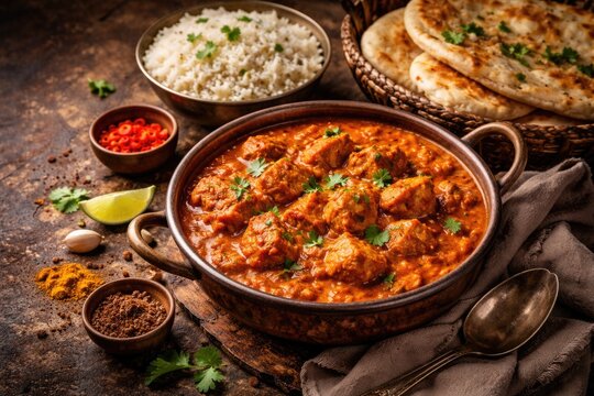 Delicious spicy chicken tikka masala accompanied by fluffy rice and naan on vintage rustic backdrop with copy space