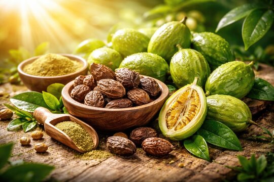 Fresh and dried haritaki fruits arranged on a radiant background promoting wellness
