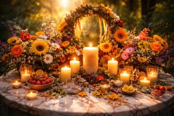 Fototapeta premium Cheerful summer solstice altar featuring lively blooms and candle glow set on abstract marble
