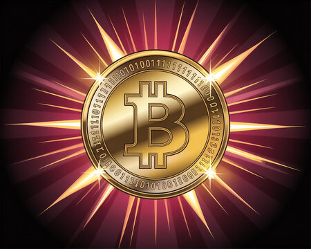 A gold Bitcoin coin with a shiny surface and binary code etched around the edge glows brightly on a dark background with radiant yellow lines emanating from it