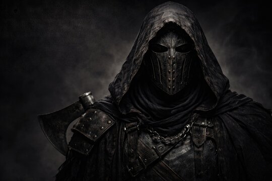 Foreboding hooded figure sporting a gothic executioners mask with space for text