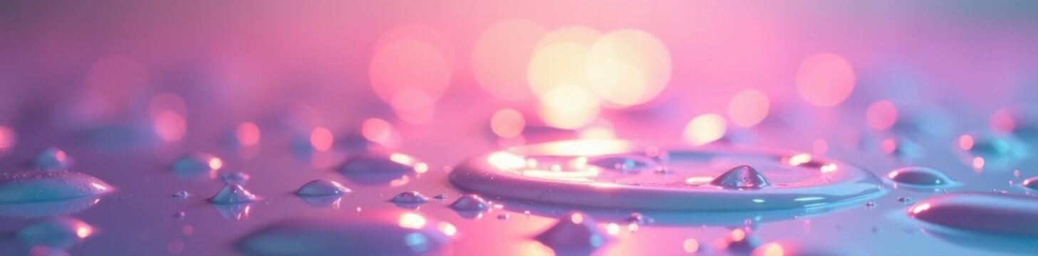 Pastel background, vibrant water droplets reflecting light, nature, fresh, graphic