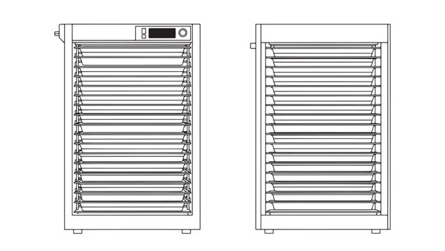 Detailed line art illustration of a modern electric food dehydrator appliance, featuring multiple removable trays and a digital control panel for healthy food preservation and drying.