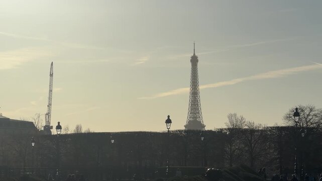 Early morning silhouette with Eiffel and cityscape details