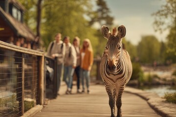 Obraz premium Zebra stands on wooden pathway with blurred people watching in an outdoor park setting