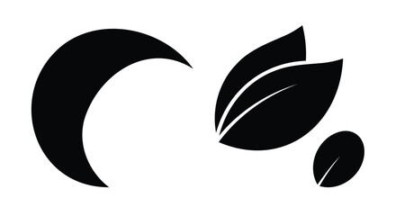 Fototapeta premium Black leaf, crescent moon, and seed icons, minimalist nature symbols, eco friendly, botanical, simple shapes