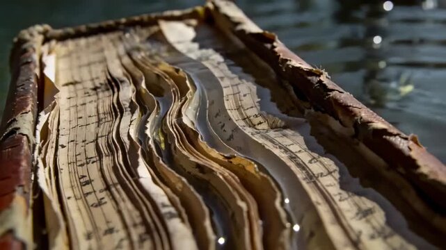 Seeping water causing aged sheet music pages to curl on sunlit pond, with weathered wooden tray