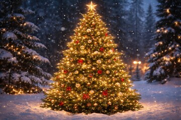 Fototapeta premium Cheerful Christmas pine tree illuminated by numerous tiny glowing bulbs