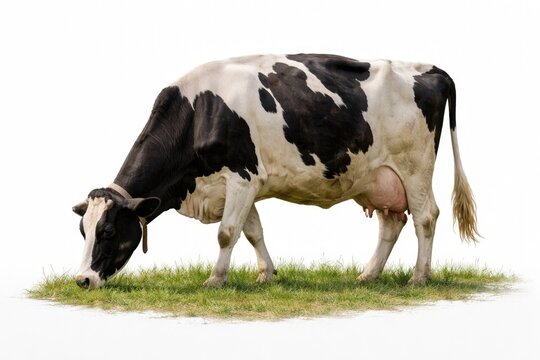 Full body image of a grazing cow on a bright white background