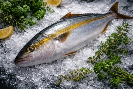Glowing amberjack fish placed on crushed ice accompanied by fragrant herb sprigs