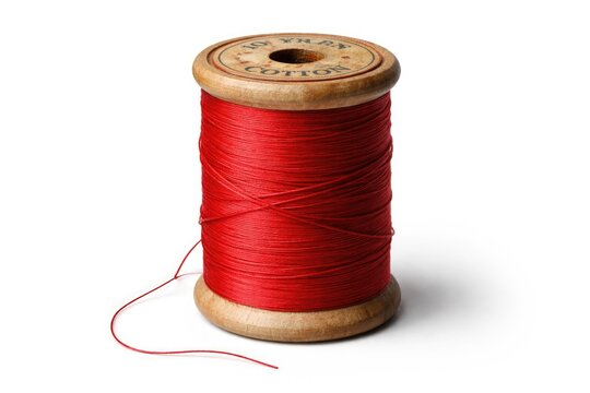 Old fashioned red sewing thread displayed on white background with sharp focus