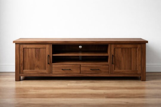 Front perspective of a solid brown wood television table with white background